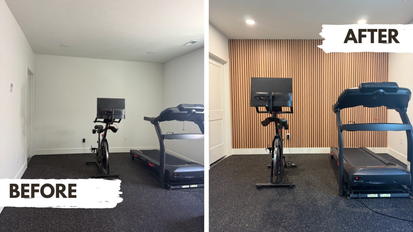 Home gym — wood slat wall