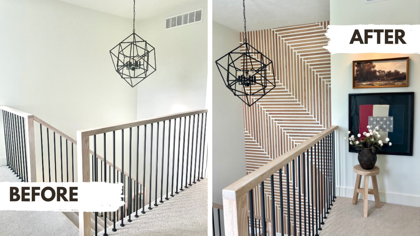 Stair landing — herringbone wood wall