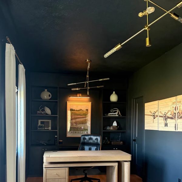Deep navy painted home office with built-in shelving